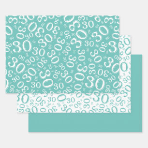 30th Birthday Teal & White Number Pattern 30 Wrapping Paper Sheet