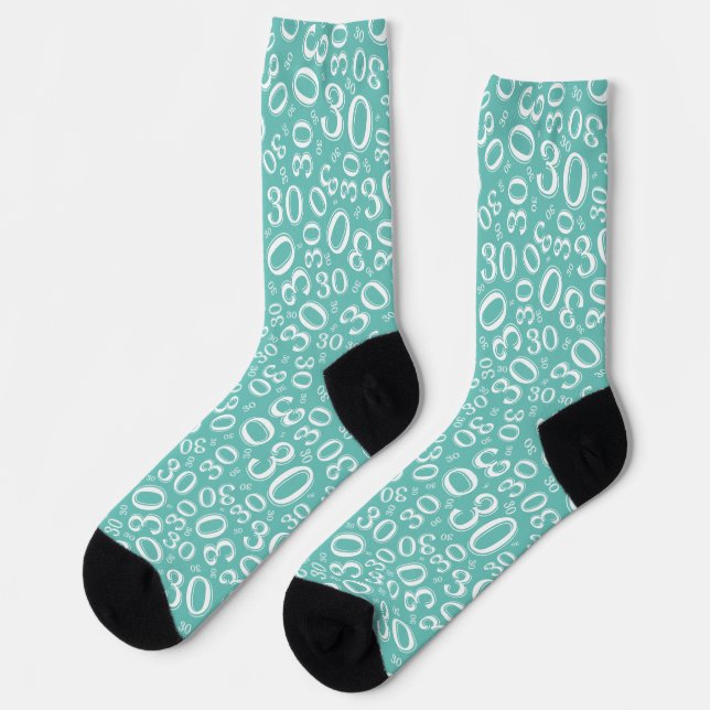 30th Birthday Teal/White Random Number Pattern Socks (Left)