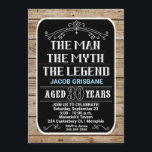 30th Birthday The Man The Myth The Legend 30 YRS Invitation<br><div class="desc">A bold 30th birthday invitation featuring white and blue text over a black background surrounded by wood. Please note the words,  "The Man,  The Myth,  The Legend" and all ornamental lines are NOT editable.</div>