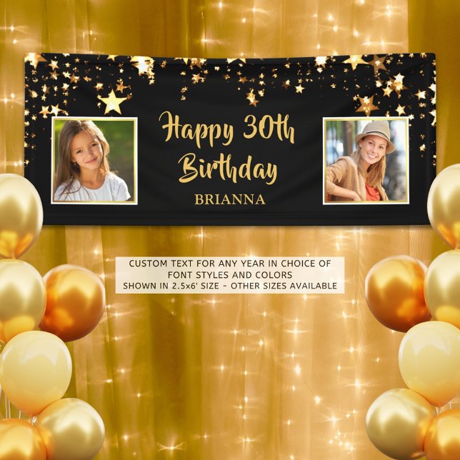 30th Birthday Then & Now Photos Black Gold Stars Banner (Creator Uploaded)