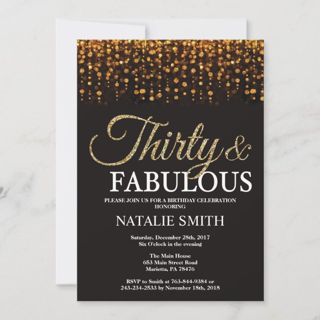 30th Birthday Thirty and Fabulous Gold Glitter Invitation (Front)
