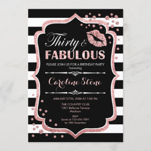 30th Birthday - Thirty Fabulous Black Rose Gold Invitation