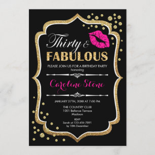 30th Birthday - Thirty Fabulous Gold Black Pink Invitation