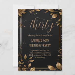 30th Birthday Thirty Modern Simple Black and Gold Invitation