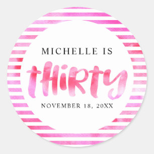 30th Birthday Thirty Pink Watercolor Wash Modern Classic Round Sticker