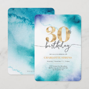 30th birthday Turquoise watercolor invitation