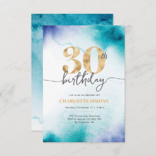 30th birthday Turquoise watercolor invitation