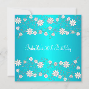 30th Birthday Turquoise & White Floral Invitation