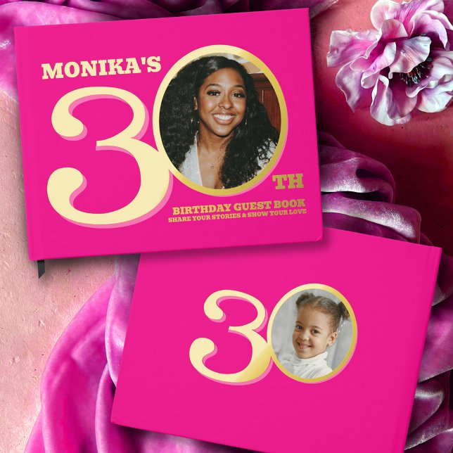 30th birthday two photos hot pink gold guest book (Creator Uploaded)