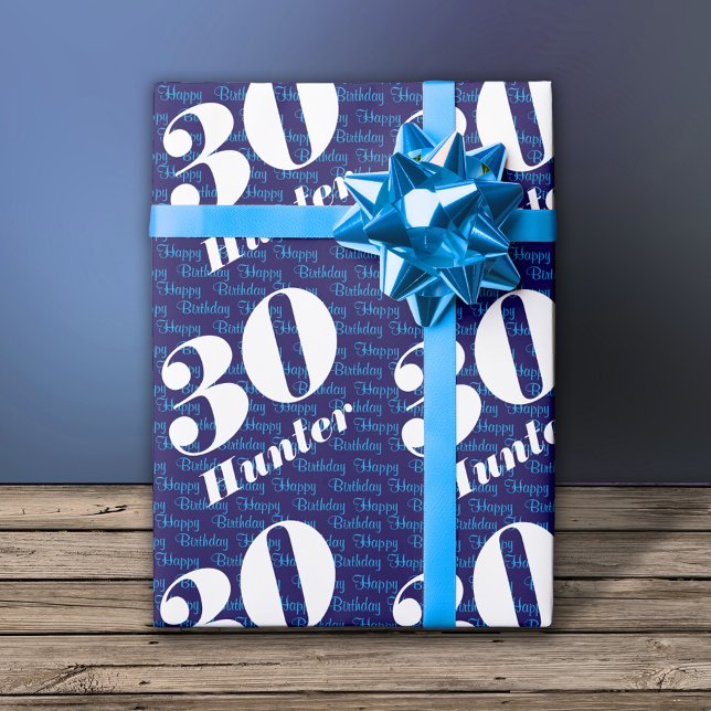 30th Birthday Typography Navy Wrapping Paper (Creator Uploaded)