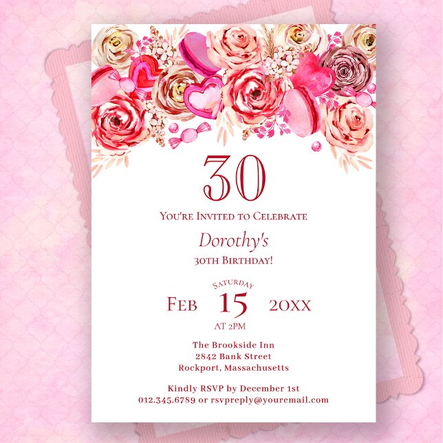 30th Birthday Valentine Pink Rose Swirly Heart Invitation (Creator Uploaded)