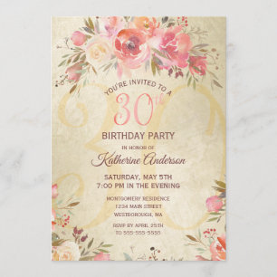 30th Birthday Vintage Floral Pink Roses Gold Party Invitation