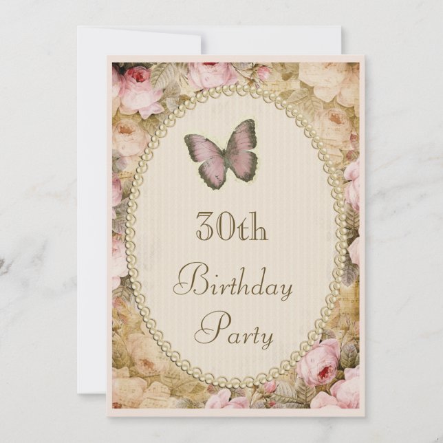 30th Birthday Vintage Roses Butterfly, Music Notes Invitation (Front)
