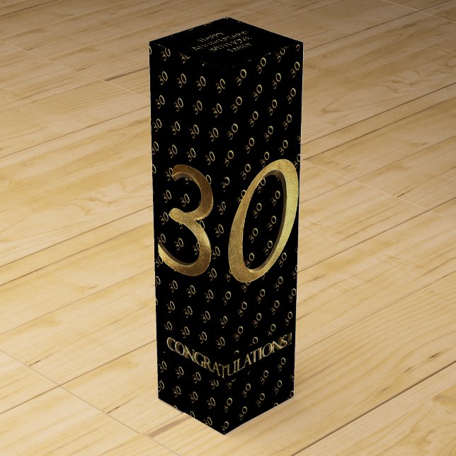 30th Birthday Wedding Anniversary Black and Gold Wine Box (Front)