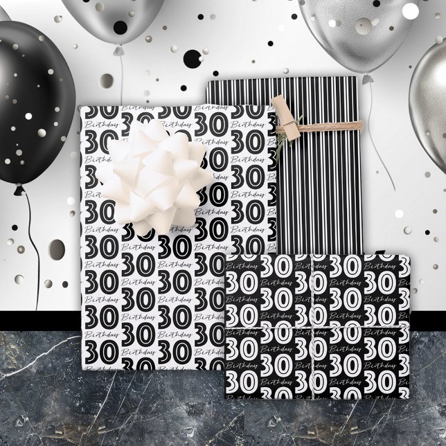 30th Birthday White Black Typography Stripes Check Wrapping Paper Sheet (Creator Uploaded)