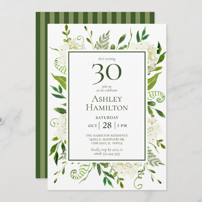30th Birthday White Hydrangeas Invitation (Front/Back)