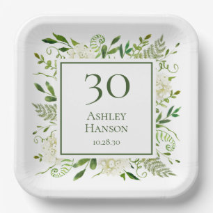30th Birthday White Hydrangeas Paper Plate