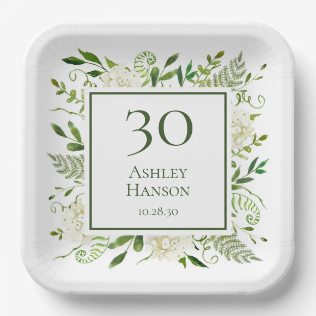 30th Birthday White Hydrangeas Paper Plate (Front)