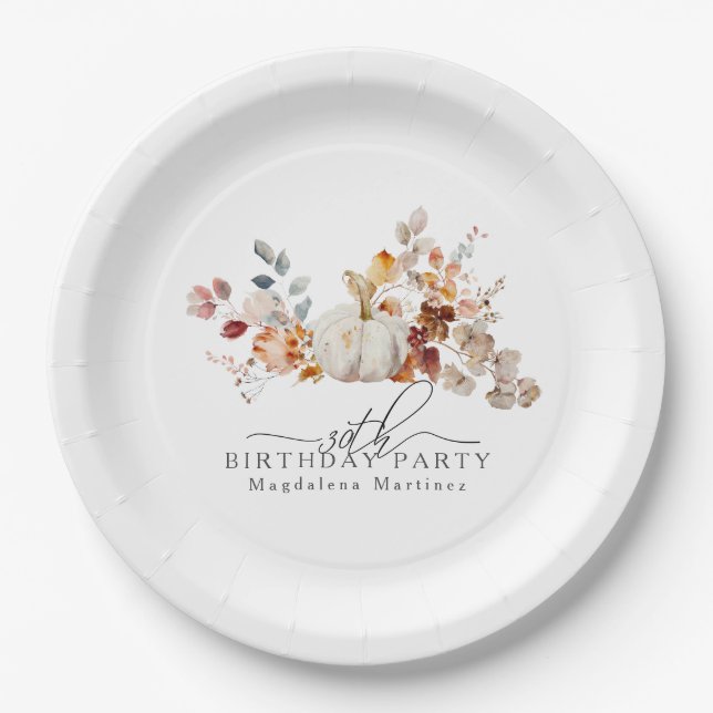 30th Birthday White Pumpkin Fall Flowers Custom Paper Plate (Front)