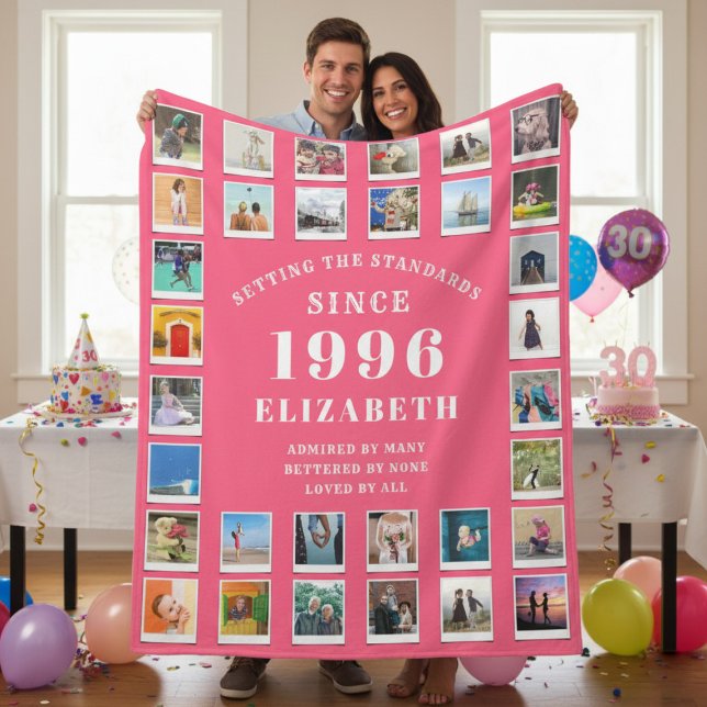 30th Birthday Wife Family Photo collage Pink Fleece Blanket (Born 1996 Pink fleece blanket with photo collage. Held up by a couple.)