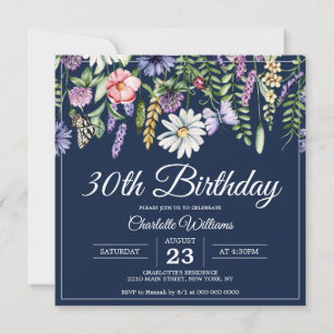 30th Birthday Wildflowers Navy Blue Woman Elegant Invitation