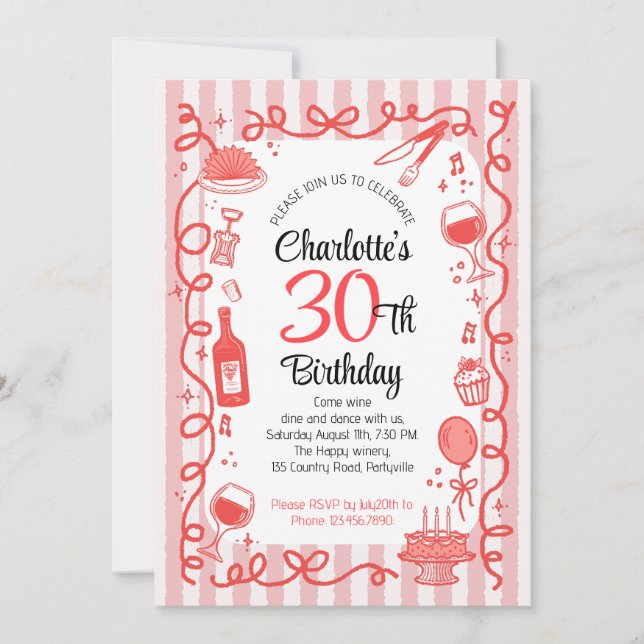 30th birthday Wine and dine hand drawn  Invitation (Front)