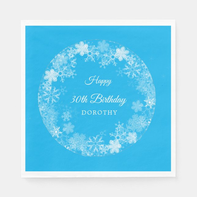 30th Birthday Winter Wonderland Snowflake Blue Napkin (Front)