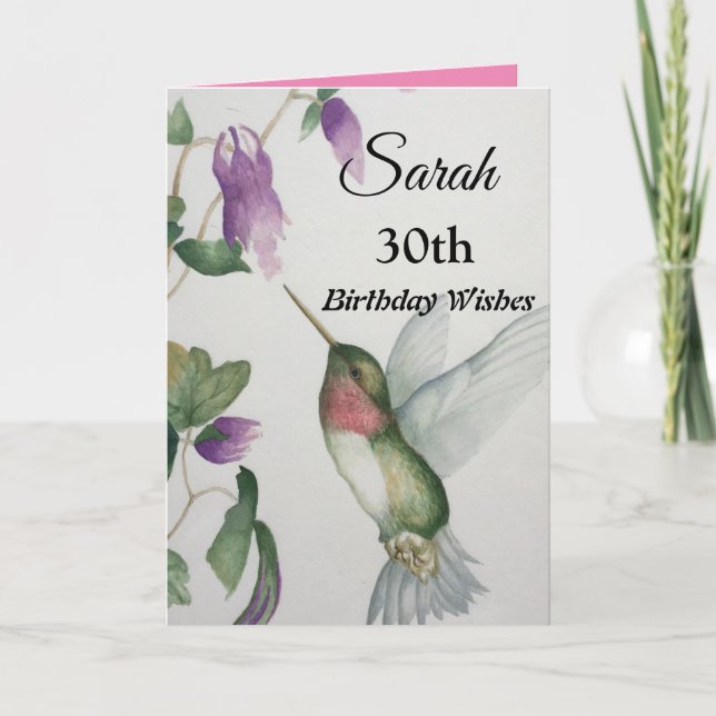 30th Birthday Wishes Hummingbird Garden Watercolor Card (Front)