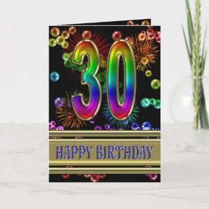 30th Birthday with rainbow bubbles and fireworks Card
