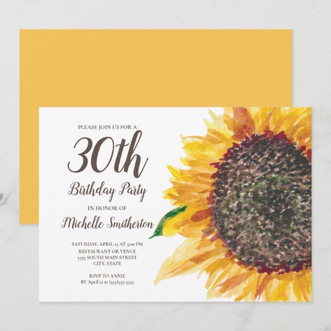 30th Birthday Women Yellow Brown Sunflower Invitation (Front/Back)