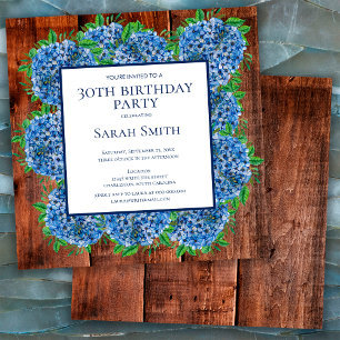 30th Birthday Wood Blue Hydrangeas Rustic Party Invitation