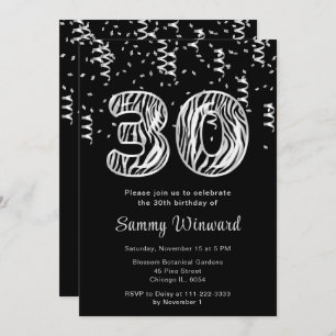 30th Birthday Zebra Print Balloons with Confetti Invitation