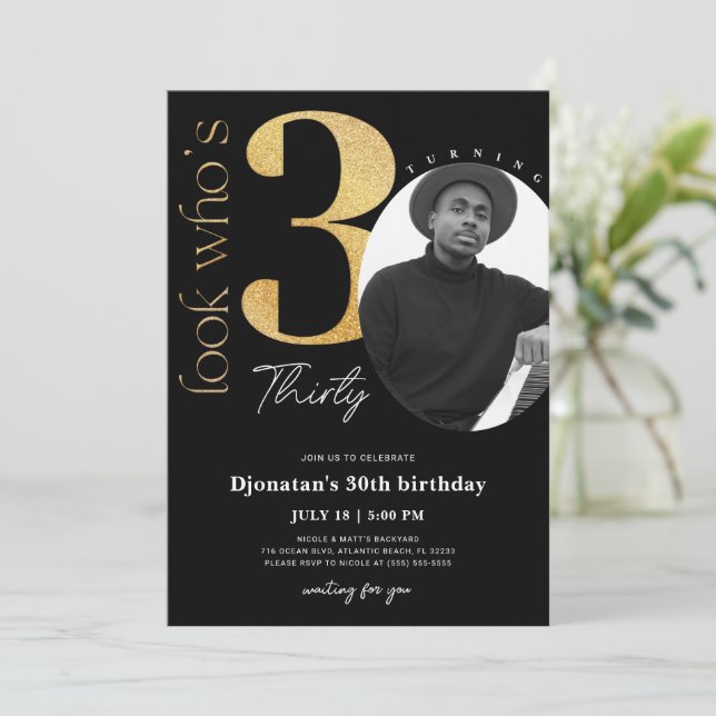 30th Black Gold Birthday Invitation with Photo (Standing Front)