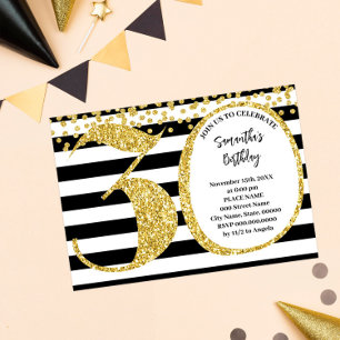 30th Black White and Gold Glitter Modern Birthday Invitation