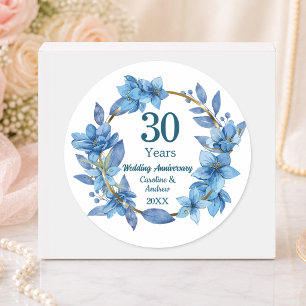 30th Blue Floral Pearl Wedding Anniversary Classic Round Sticker