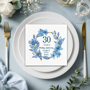 30th Blue Floral Pearl Wedding Anniversary  Napkin