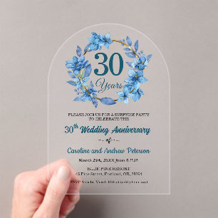 30th Blue Floral Surprise Wedding Anniversary  Acrylic Invitations