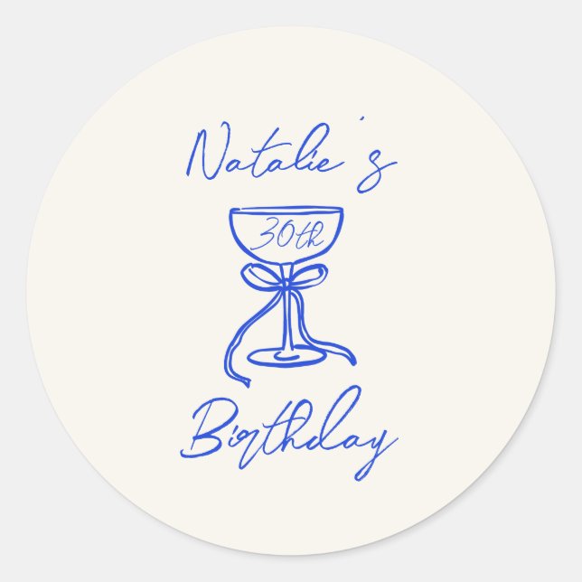  30th Blue Hand Drawn Bow Champagne Glass Birthday Classic Round Sticker (Front)