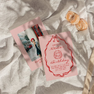 30th Bow Hand Drawn Coquette Photo Cake Birthday Invitation