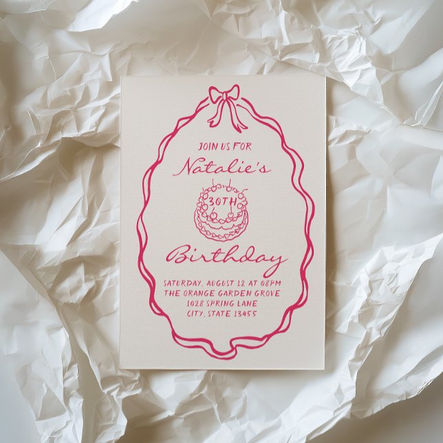 30th Bow Hand Drawn Pink Coquette Girly Birthday Invitation (Creator Uploaded)