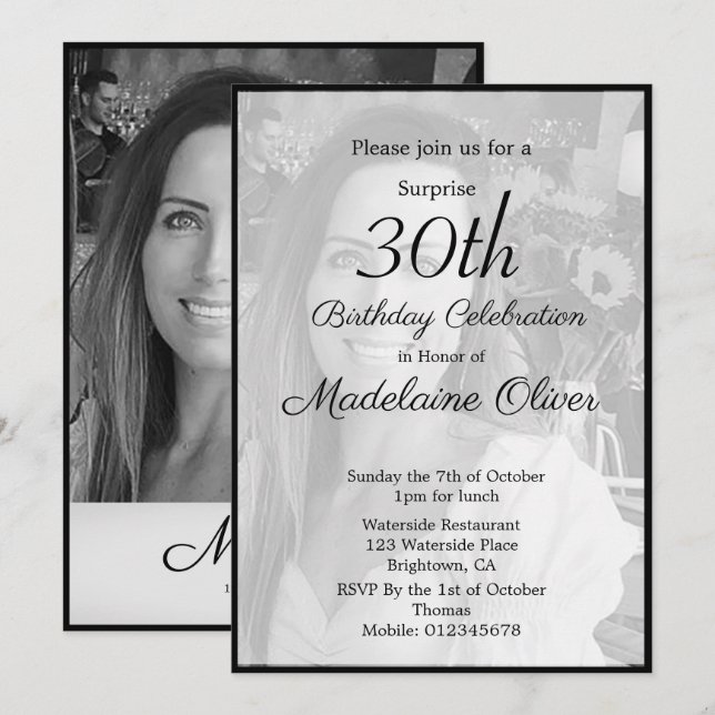 30th Classy Monogram Black White Photo Birthday  Invitation (Front/Back)