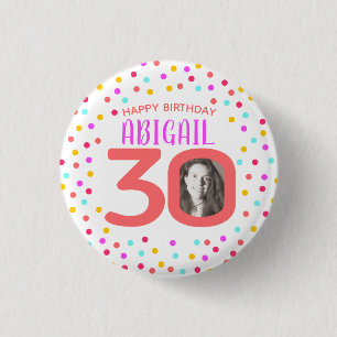 30th custom photo colourful coral confetti 3 cm round badge