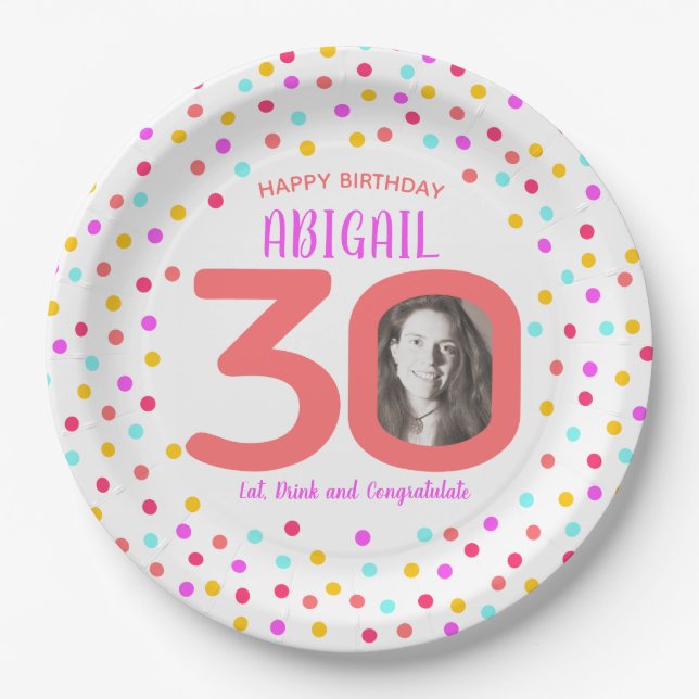 30th custom photo colourful coral confetti birthda paper plate (Front)