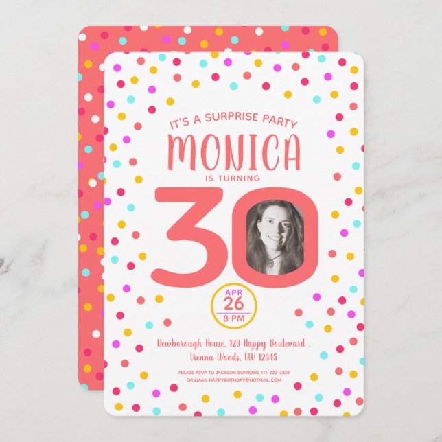 30th custom photo living coral confetti birthday invitation (Front/Back)