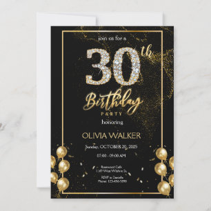 30th Diamond Black and Gold Birthday Invitation