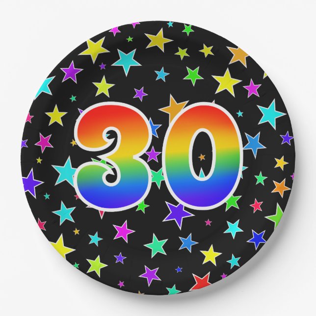 30th Event: Bold, Fun, Colourful Rainbow 30 Paper Plate (Front)