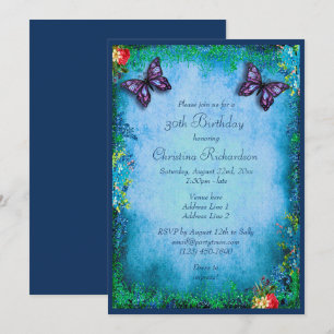 30th Faux Glitter, Butterfly & Roses Birthday Invitation