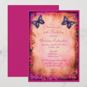 30th Faux Glitter, Butterfly & Roses Birthday Invitation