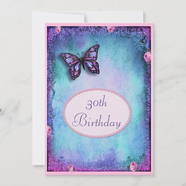 30th Faux Glitter, Butterfly, Roses & Lace Invitation (Front)