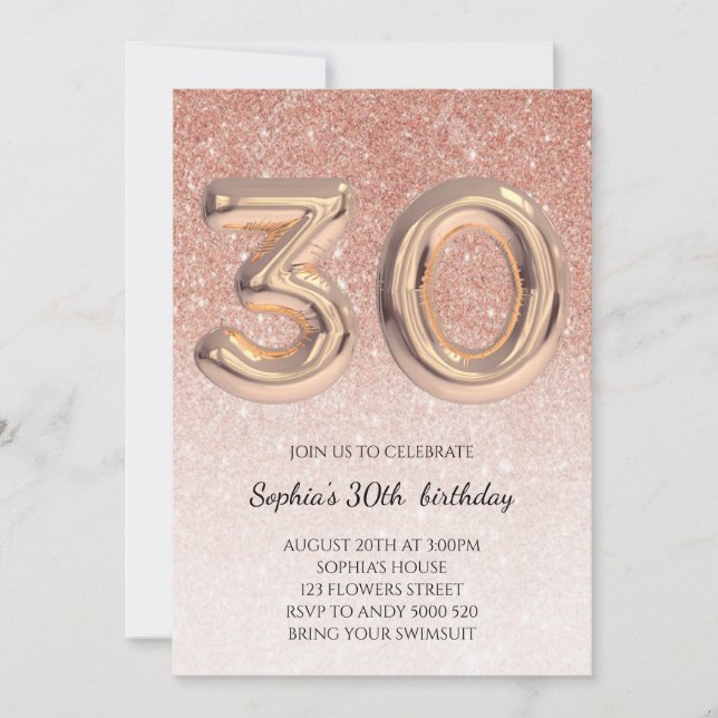 30th Girl Birthday Rose Gold Glitter Elegant Invitation (Front)